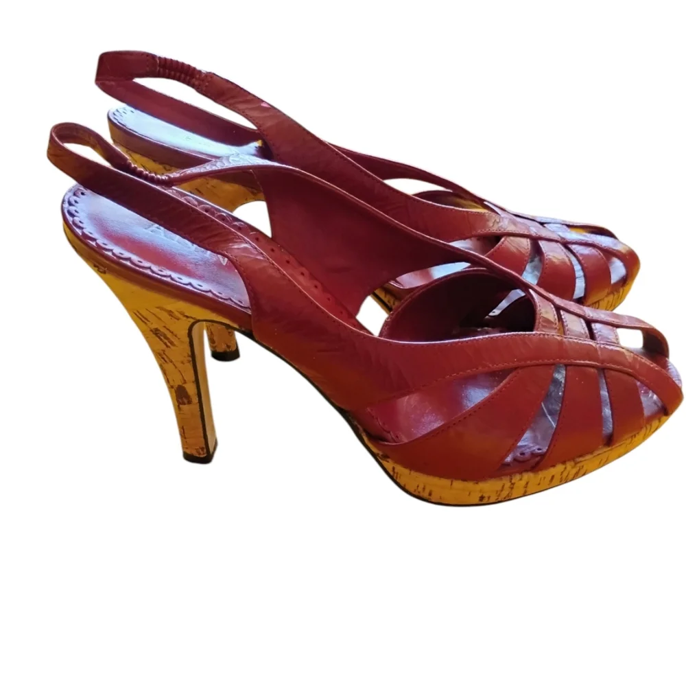 Ann Klein Red Slingback Cork Peep Toe Heels SZ 7 M